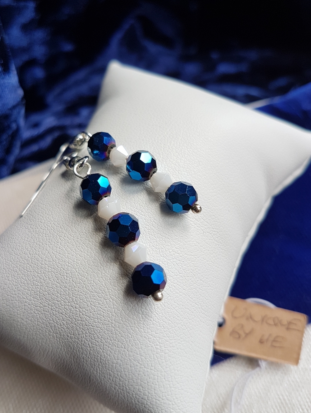 Swarovski Elements Metallic Blue & Alabaster White Linear Drop Earrings NEW